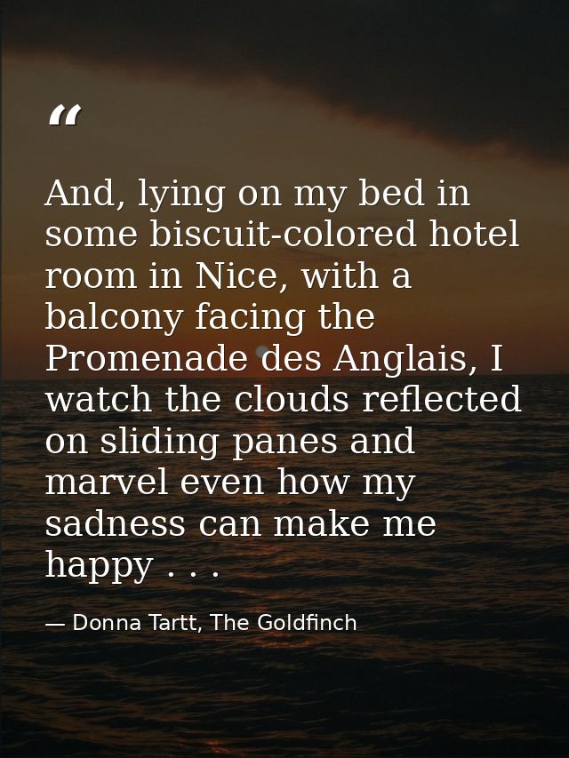 And, lying on my bed in some biscuit-colored hotel room in Nice, with a balcony facing the Promenade des Anglais, I watc — Donna Tartt, The Goldfinch