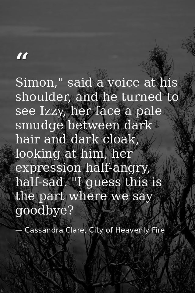 Simon," said a voice at his shoulder, and he turned to see Izzy, her face a pale smudge between dark hair and dark cloak — Cassandra Clare, City of Heavenly Fire