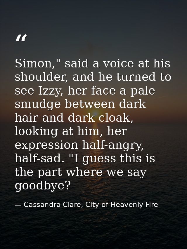 Simon," said a voice at his shoulder, and he turned to see Izzy, her face a pale smudge between dark hair and dark cloak — Cassandra Clare, City of Heavenly Fire
