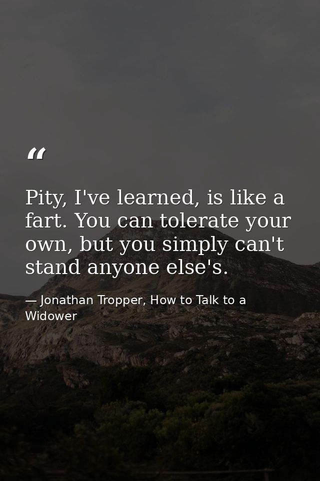 Pity, I've learned, is like a fart. You can tolerate your own, but you simply can't stand anyone else's. — Jonathan Tropper, How to Talk to a Widower