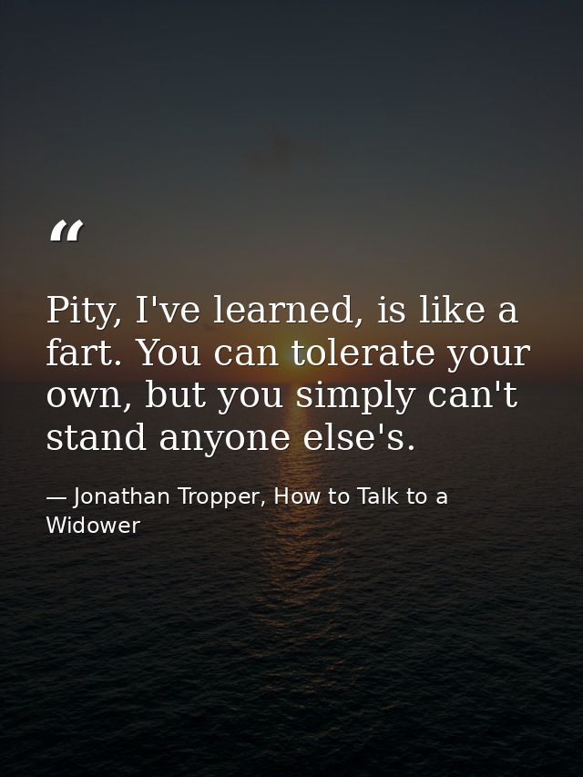 Pity, I've learned, is like a fart. You can tolerate your own, but you simply can't stand anyone else's. — Jonathan Tropper, How to Talk to a Widower
