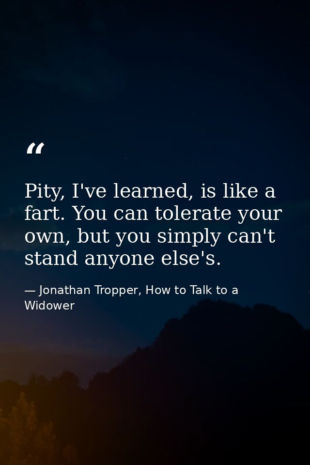 Pity, I've learned, is like a fart. You can tolerate your own, but you simply can't stand anyone else's. — Jonathan Tropper, How to Talk to a Widower