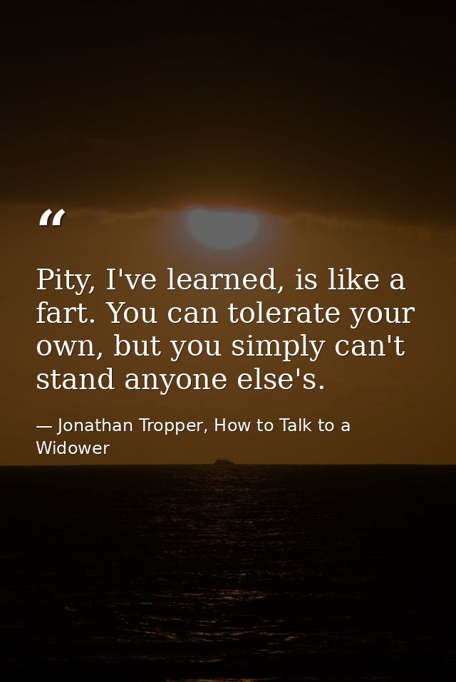 Pity, I've learned, is like a fart. You can tolerate your own, but you simply can't stand anyone else's. — Jonathan Tropper, How to Talk to a Widower