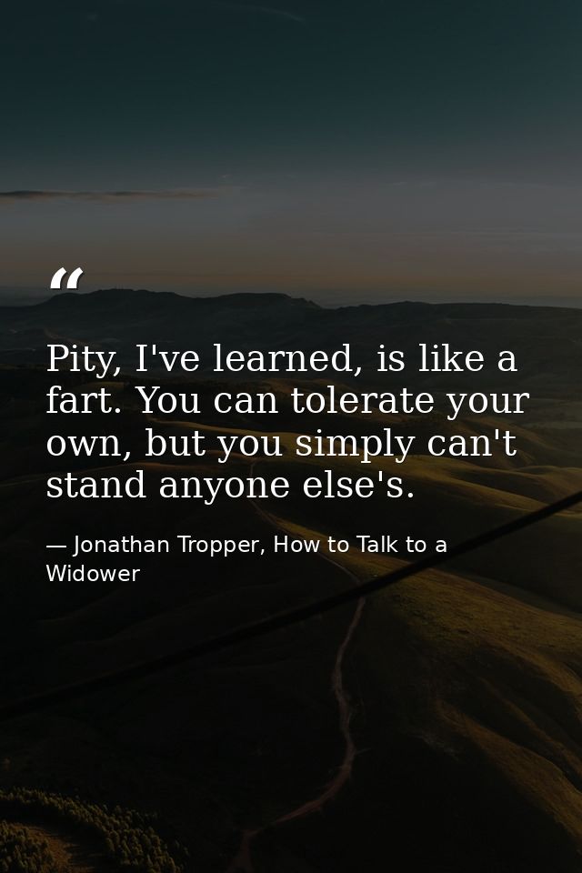 Pity, I've learned, is like a fart. You can tolerate your own, but you simply can't stand anyone else's. — Jonathan Tropper, How to Talk to a Widower