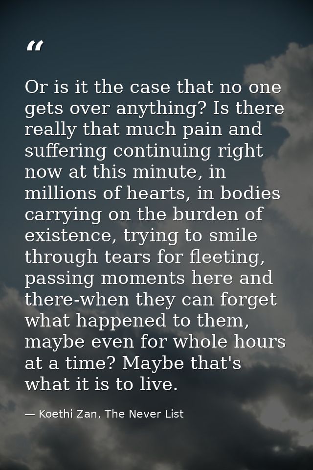 Or is it the case that no one gets over anything? Is there really that much pain and suffering continuing right now at t — Koethi Zan, The Never List