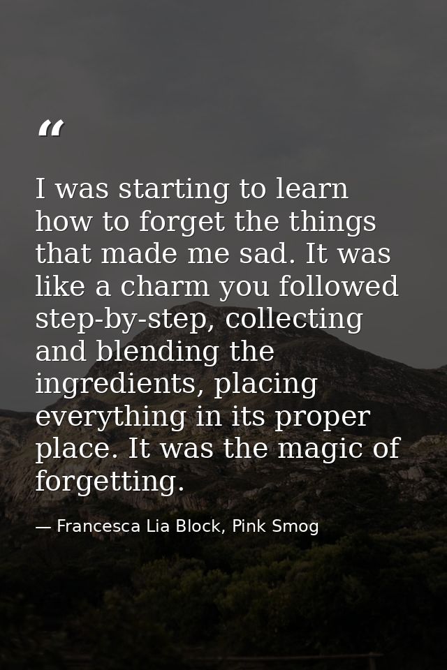 I was starting to learn how to forget the things that made me sad. It was like a charm you followed step-by-step, collec — Francesca Lia Block, Pink Smog