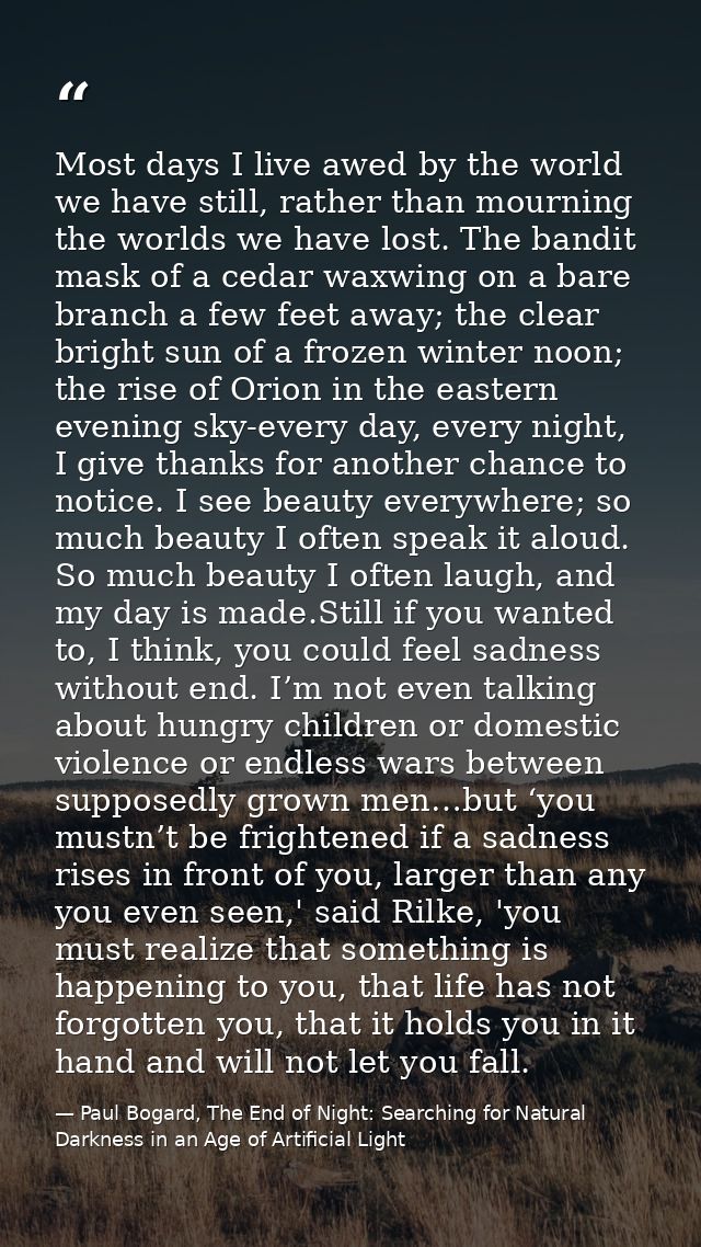 Most days I live awed by the world we have still, rather than mourning the worlds we have lost. The bandit mask of a ced — Paul Bogard, The End of Night: Searching for Natural Darkness in an Age of Artificial Light