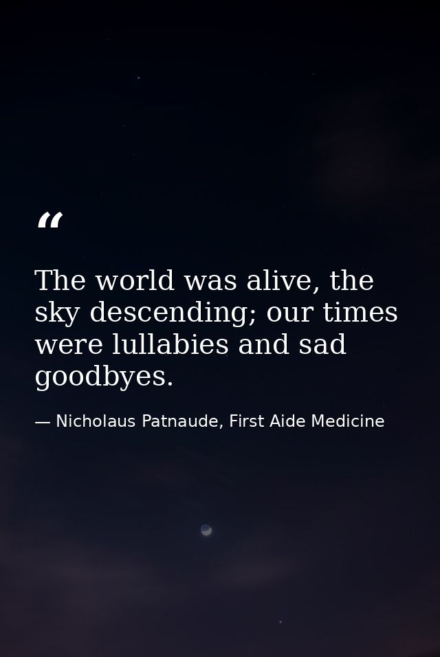 The world was alive, the sky descending; our times were lullabies and sad goodbyes. — Nicholaus Patnaude, First Aide Medicine