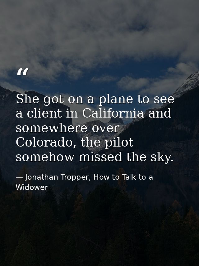 She got on a plane to see a client in California and somewhere over Colorado, the pilot somehow missed the sky. — Jonathan Tropper, How to Talk to a Widower
