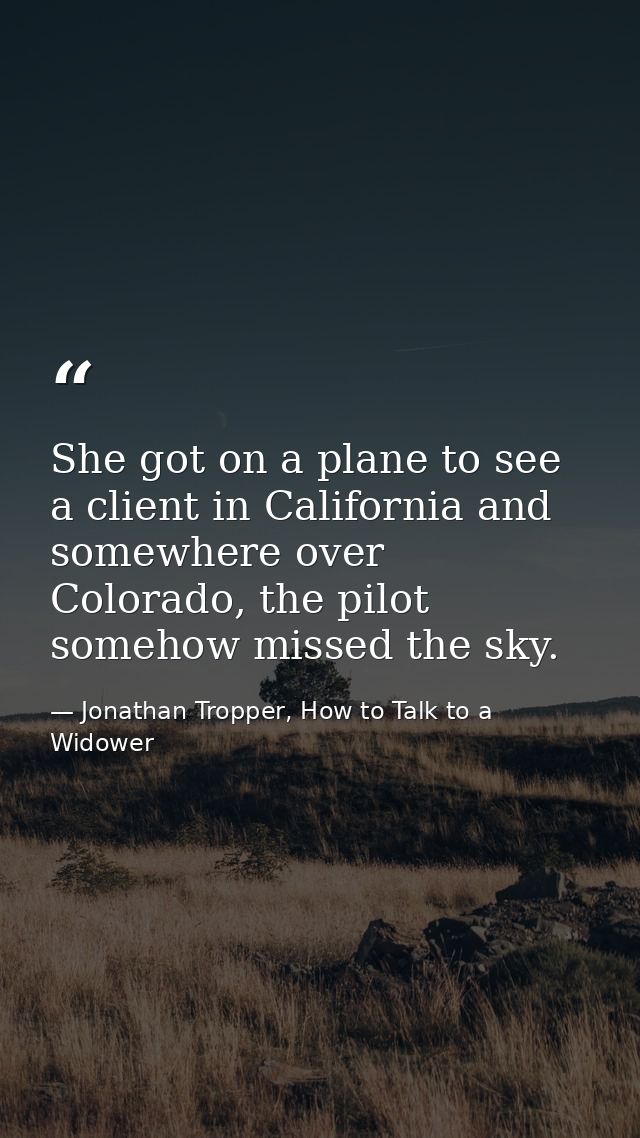 She got on a plane to see a client in California and somewhere over Colorado, the pilot somehow missed the sky. — Jonathan Tropper, How to Talk to a Widower