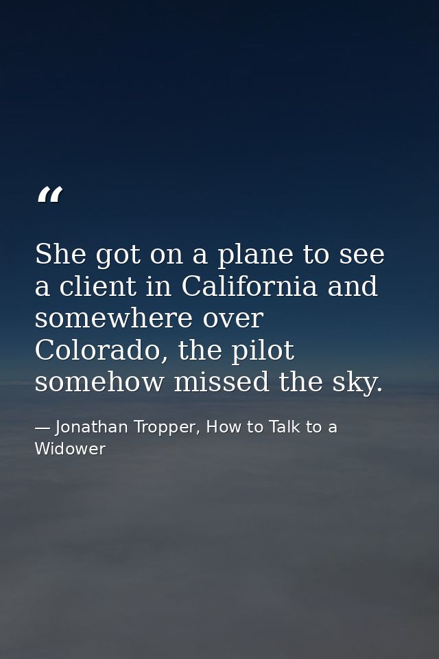 She got on a plane to see a client in California and somewhere over Colorado, the pilot somehow missed the sky. — Jonathan Tropper, How to Talk to a Widower