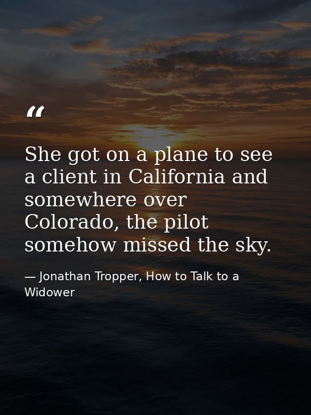 She got on a plane to see a client in California and somewhere over Colorado, the pilot somehow missed the sky. — Jonathan Tropper, How to Talk to a Widower