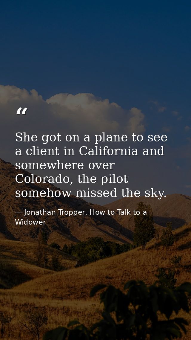 She got on a plane to see a client in California and somewhere over Colorado, the pilot somehow missed the sky. — Jonathan Tropper, How to Talk to a Widower