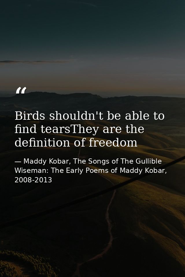 Birds shouldn't be able to find tearsThey are the definition of freedom — Maddy Kobar, The Songs of The Gullible Wiseman: The Early Poems of Maddy Kobar, 2008-2013