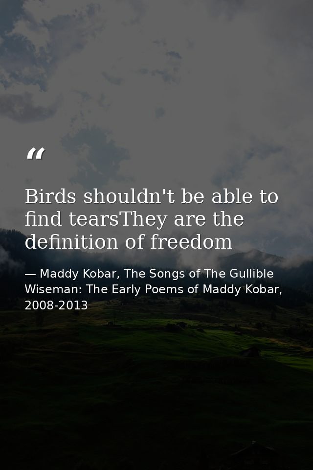 Birds shouldn't be able to find tearsThey are the definition of freedom — Maddy Kobar, The Songs of The Gullible Wiseman: The Early Poems of Maddy Kobar, 2008-2013