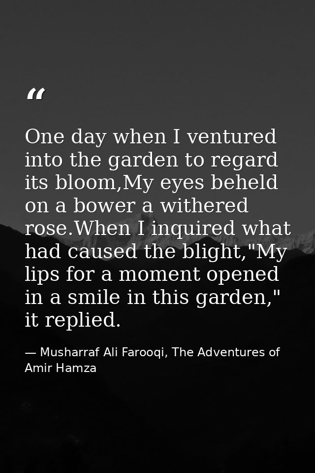 One day when I ventured into the garden to regard its bloom,My eyes beheld on a bower a withered rose.When I inquired wh — Musharraf Ali Farooqi, The Adventures of Amir Hamza
