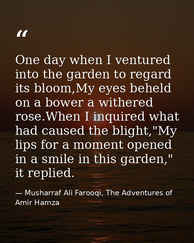One day when I ventured into the garden to regard its bloom,My eyes beheld on a bower a withered rose.When I inquired wh — Musharraf Ali Farooqi, The Adventures of Amir Hamza