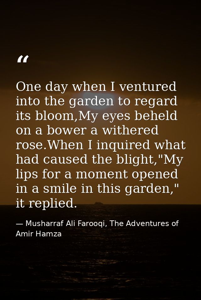 One day when I ventured into the garden to regard its bloom,My eyes beheld on a bower a withered rose.When I inquired wh — Musharraf Ali Farooqi, The Adventures of Amir Hamza