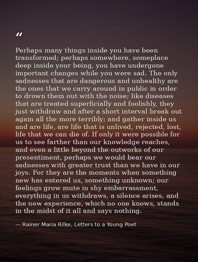 Perhaps many things inside you have been transformed; perhaps somewhere, someplace deep inside your being, you have unde — Rainer Maria Rilke, Letters to a Young Poet