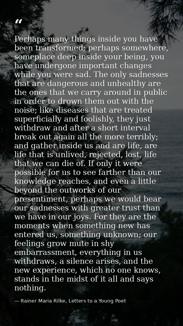 Perhaps many things inside you have been transformed; perhaps somewhere, someplace deep inside your being, you have unde — Rainer Maria Rilke, Letters to a Young Poet