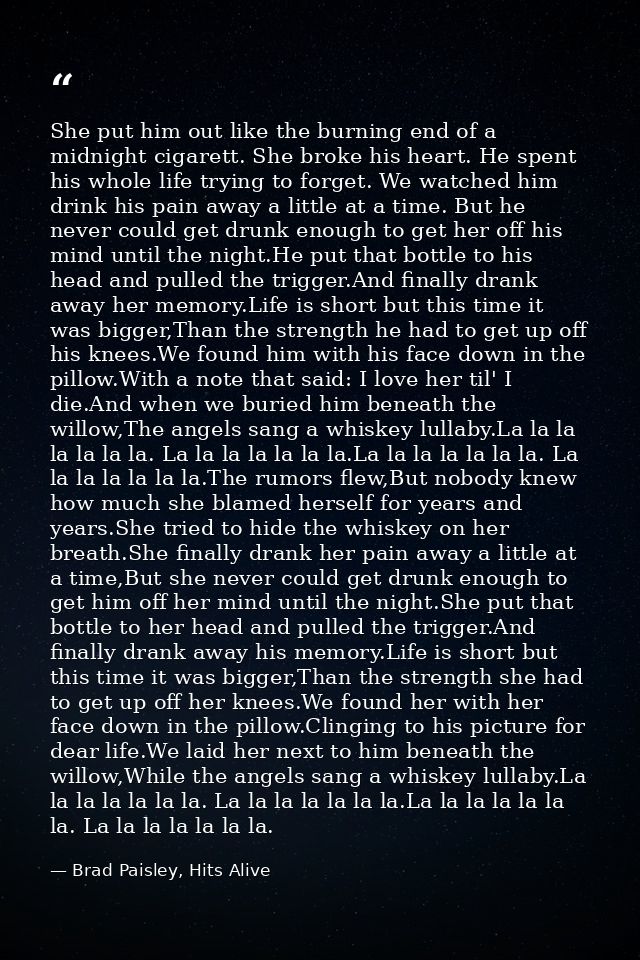 She put him out like the burning end of a midnight cigarett. She broke his heart. He spent his whole life trying to forg — Brad Paisley, Hits Alive
