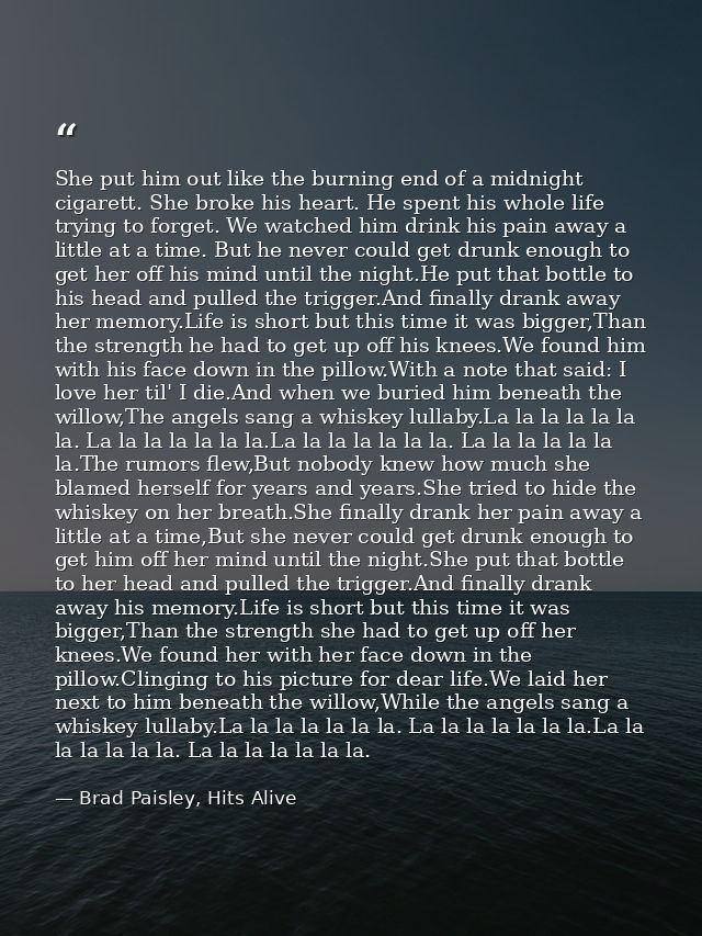 She put him out like the burning end of a midnight cigarett. She broke his heart. He spent his whole life trying to forg — Brad Paisley, Hits Alive