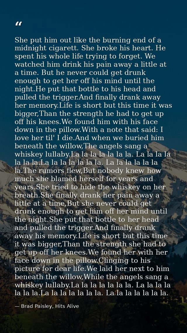 She put him out like the burning end of a midnight cigarett. She broke his heart. He spent his whole life trying to forg — Brad Paisley, Hits Alive