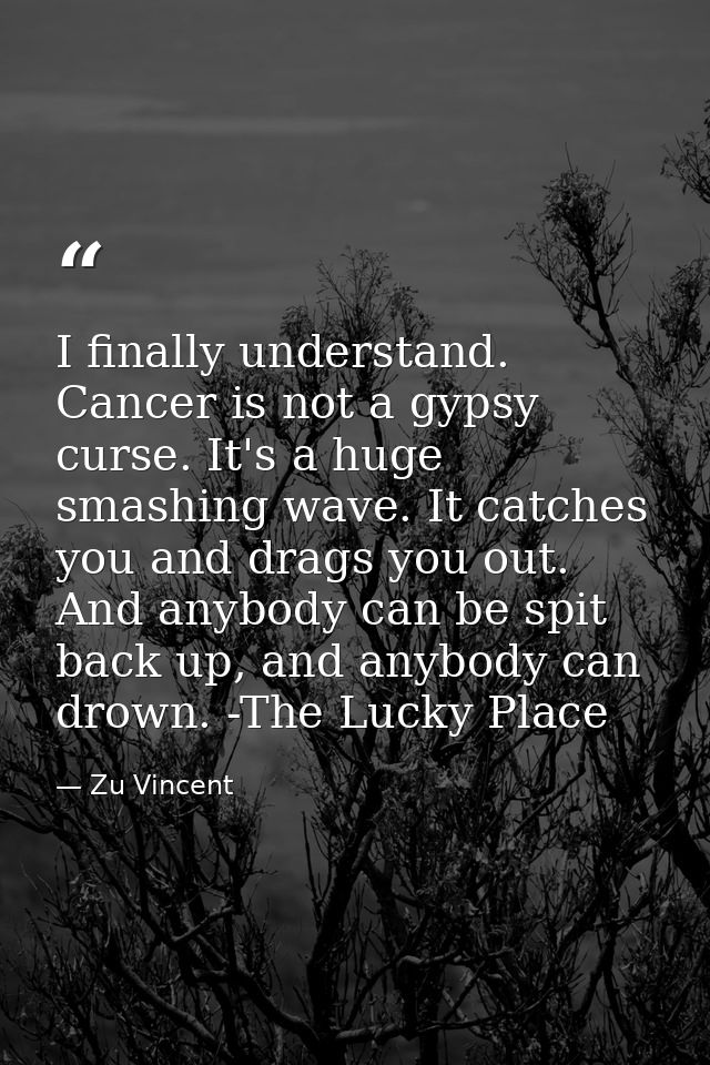 I finally understand. Cancer is not a gypsy curse. It's a huge smashing wave. It catches you and drags you out. And anyb — Zu Vincent
