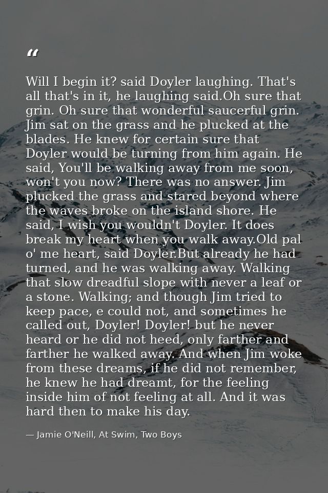Will I begin it? said Doyler laughing. That's all that's in it, he laughing said.Oh sure that grin. Oh sure that wonderf — Jamie O'Neill, At Swim, Two Boys