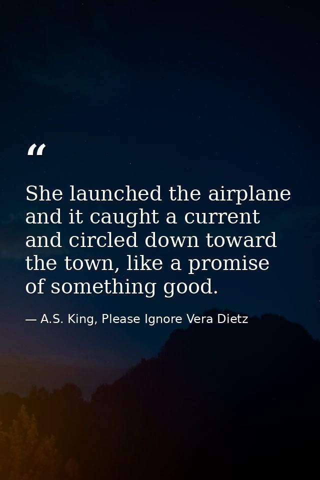 She launched the airplane and it caught a current and circled down toward the town, like a promise of something good. — A.S. King, Please Ignore Vera Dietz