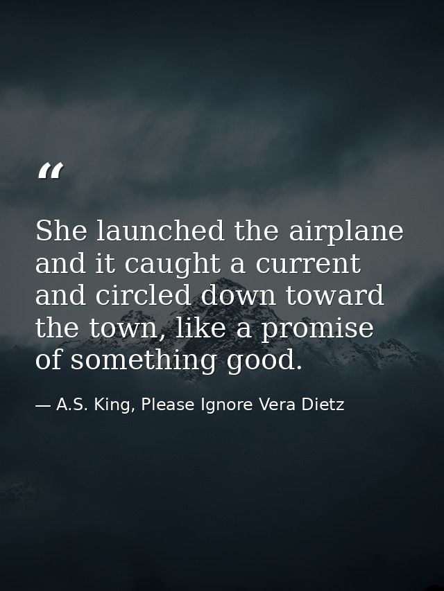 She launched the airplane and it caught a current and circled down toward the town, like a promise of something good. — A.S. King, Please Ignore Vera Dietz