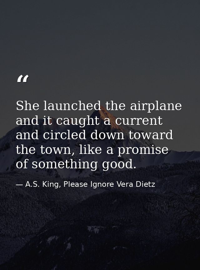 She launched the airplane and it caught a current and circled down toward the town, like a promise of something good. — A.S. King, Please Ignore Vera Dietz