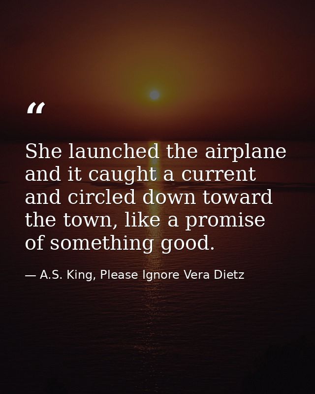 She launched the airplane and it caught a current and circled down toward the town, like a promise of something good. — A.S. King, Please Ignore Vera Dietz