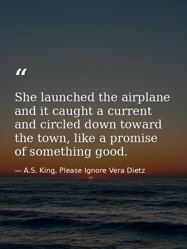 She launched the airplane and it caught a current and circled down toward the town, like a promise of something good. — A.S. King, Please Ignore Vera Dietz