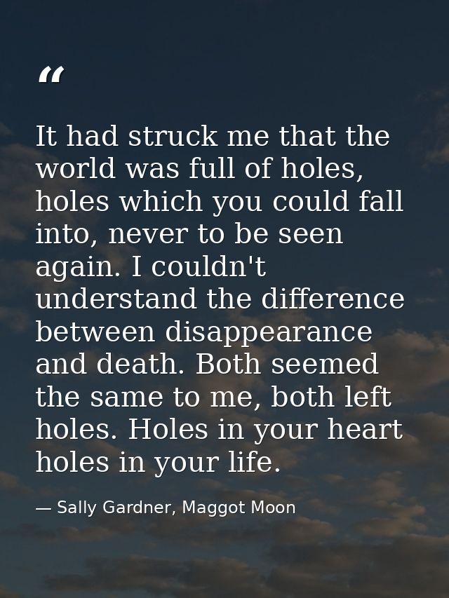 It had struck me that the world was full of holes, holes which you could fall into, never to be seen again. I couldn't u — Sally Gardner, Maggot Moon