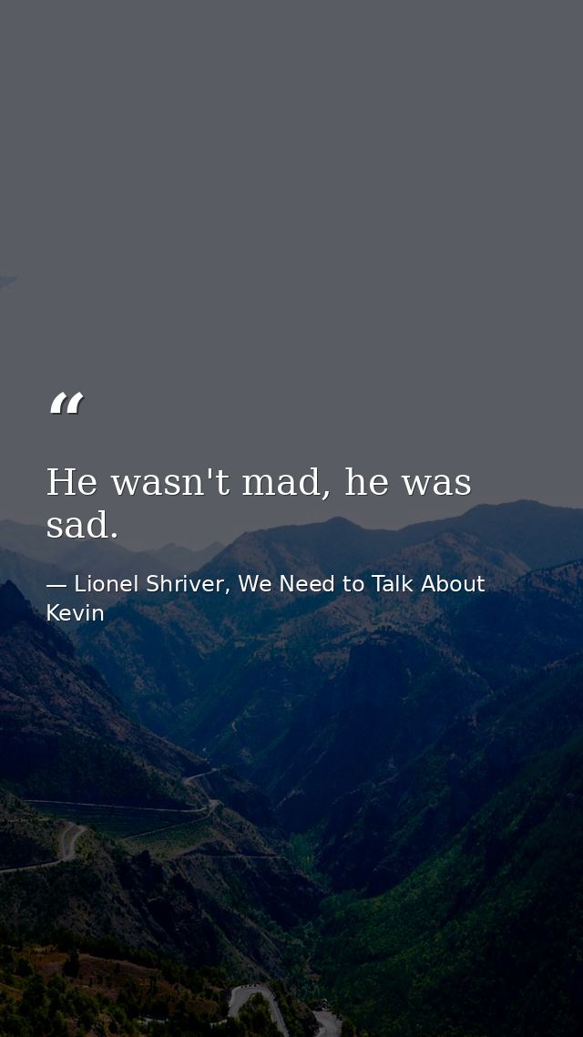 He wasn't mad, he was sad. — Lionel Shriver, We Need to Talk About Kevin