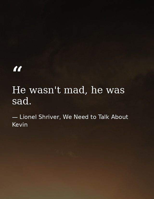 He wasn't mad, he was sad. — Lionel Shriver, We Need to Talk About Kevin