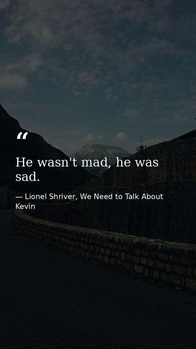 He wasn't mad, he was sad. — Lionel Shriver, We Need to Talk About Kevin