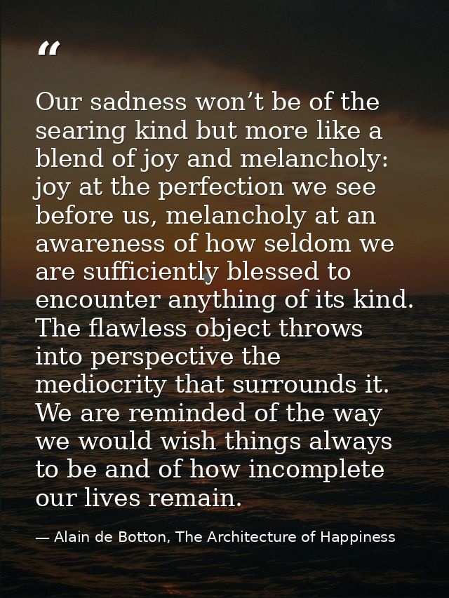 Our sadness won’t be of the searing kind but more like a blend of joy and melancholy: joy at the perfection we see befor — Alain de Botton, The Architecture of Happiness