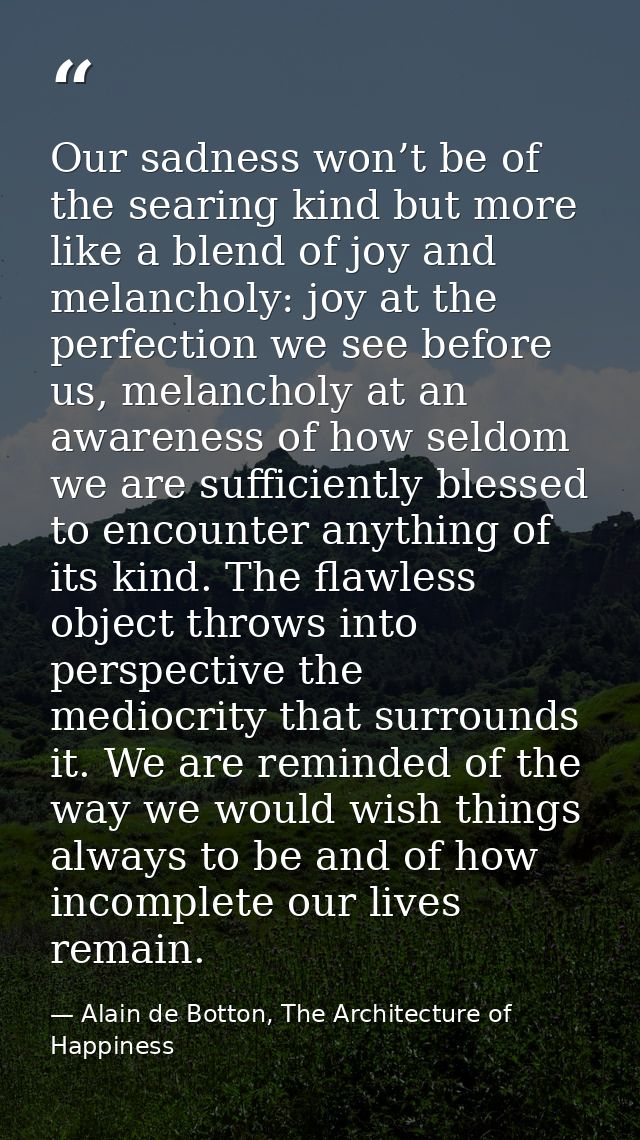 Our sadness won’t be of the searing kind but more like a blend of joy and melancholy: joy at the perfection we see befor — Alain de Botton, The Architecture of Happiness