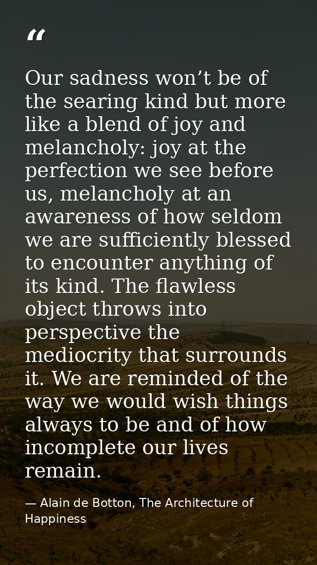 Our sadness won’t be of the searing kind but more like a blend of joy and melancholy: joy at the perfection we see befor — Alain de Botton, The Architecture of Happiness
