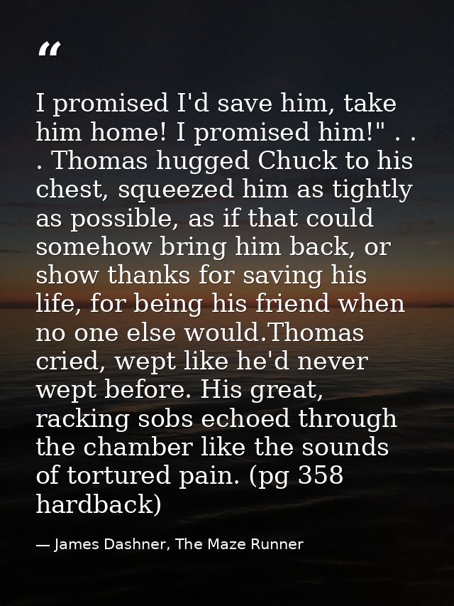 I promised I'd save him, take him home! I promised him!" . . . Thomas hugged Chuck to his chest, squeezed him as tightly — James Dashner, The Maze Runner