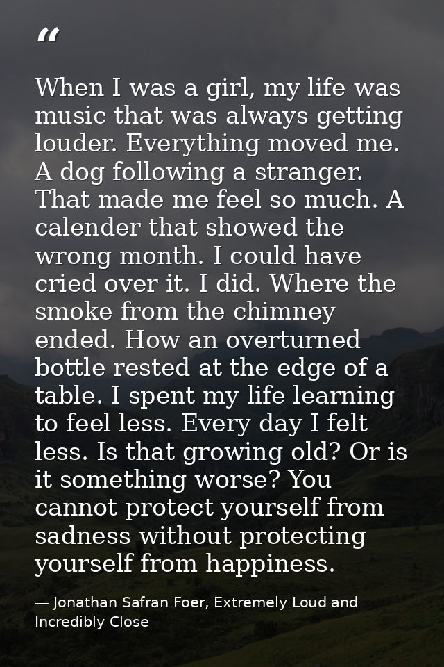 When I was a girl, my life was music that was always getting louder. Everything moved me. A dog following a stranger. Th — Jonathan Safran Foer, Extremely Loud and Incredibly Close