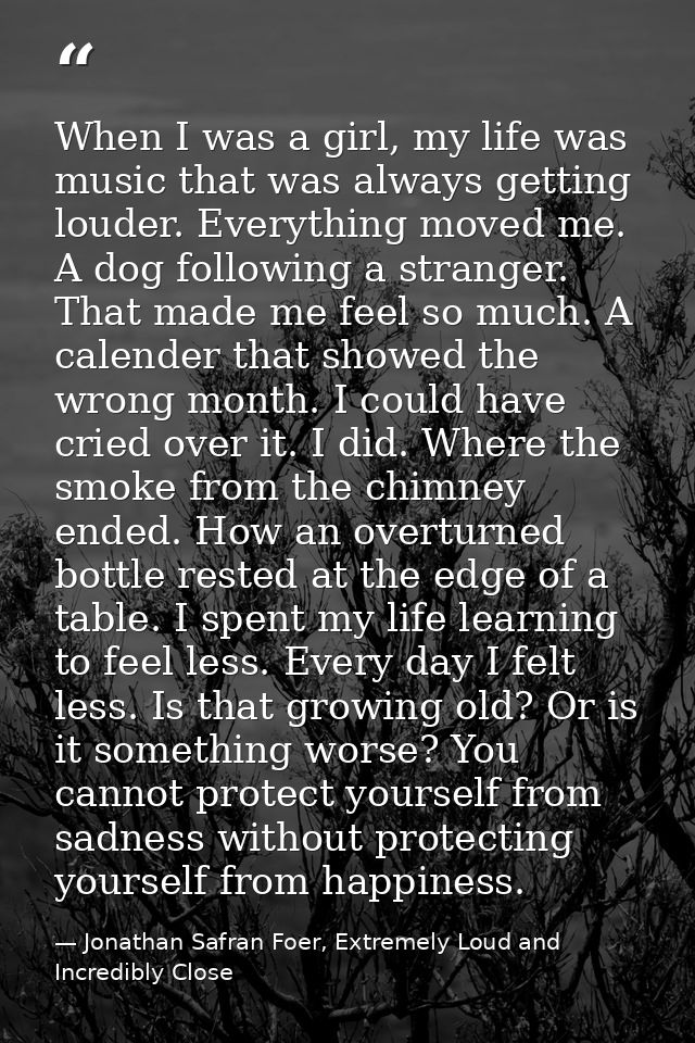 When I was a girl, my life was music that was always getting louder. Everything moved me. A dog following a stranger. Th — Jonathan Safran Foer, Extremely Loud and Incredibly Close