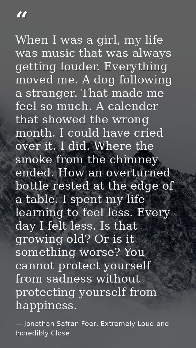 When I was a girl, my life was music that was always getting louder. Everything moved me. A dog following a stranger. Th — Jonathan Safran Foer, Extremely Loud and Incredibly Close