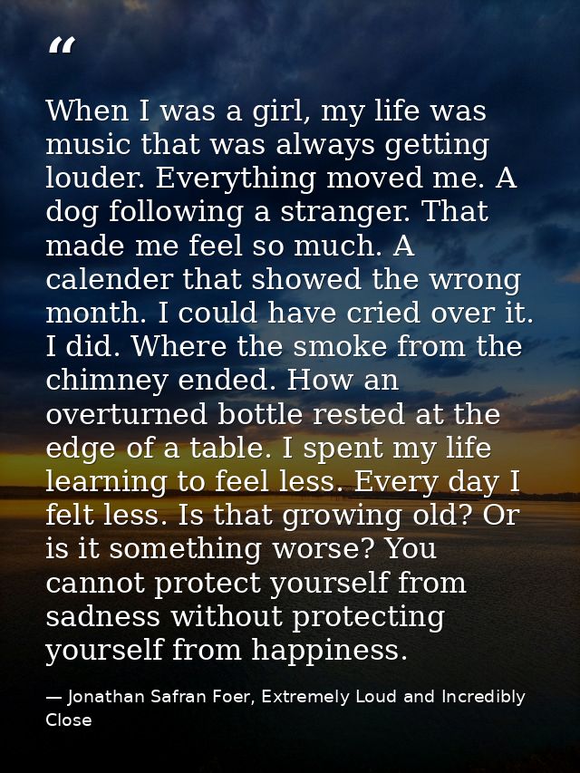 When I was a girl, my life was music that was always getting louder. Everything moved me. A dog following a stranger. Th — Jonathan Safran Foer, Extremely Loud and Incredibly Close