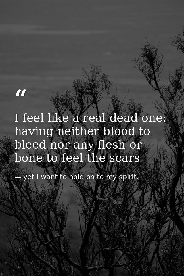 I feel like a real dead one: having neither blood to bleed nor any flesh or bone to feel the scars — yet I want to hold on to my spirit.