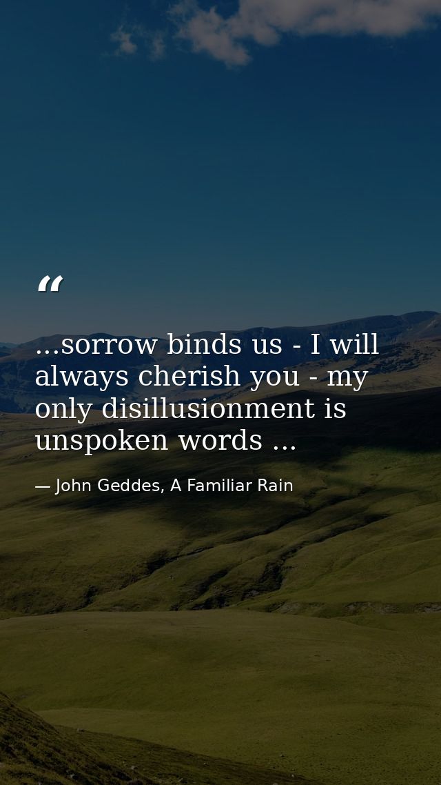 ...sorrow binds us - I will always cherish you - my only disillusionment is unspoken words ... — John Geddes, A Familiar Rain