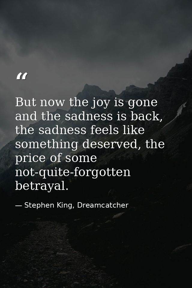 But now the joy is gone and the sadness is back, the sadness feels like something deserved, the price of some not-quite- — Stephen King, Dreamcatcher