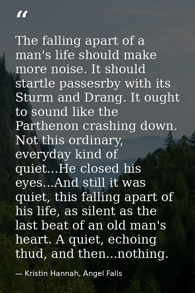 The falling apart of a man's life should make more noise. It should startle passesrby with its Sturm and Drang. It ought — Kristin Hannah, Angel Falls